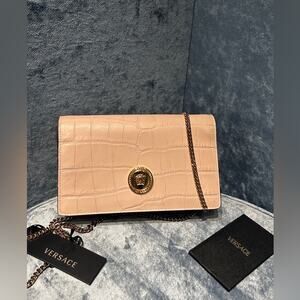Versace Mini Chain Crossbody Croc Calf Leather Soft Pink-Gold NWT